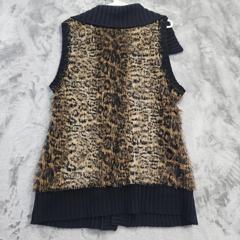 Style&Co Sweater Vest Womens L Brown Black Animal‎ Print Fuzzy Knit Shawl Collar_3